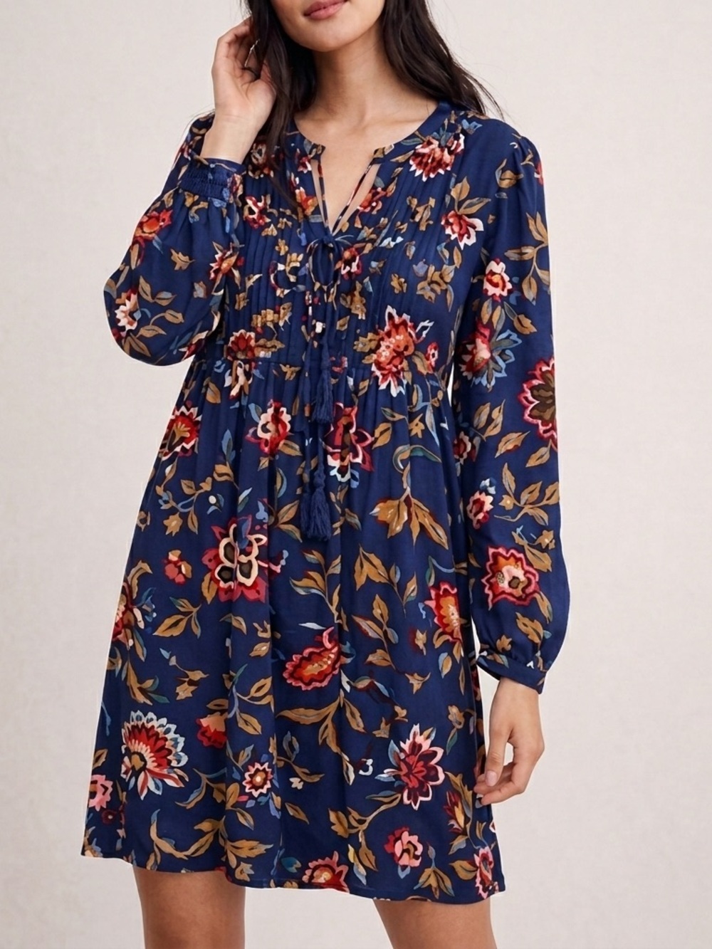 NEW Old Navy Floral Long-Sleeve Tunic Dress boho SMALL blue